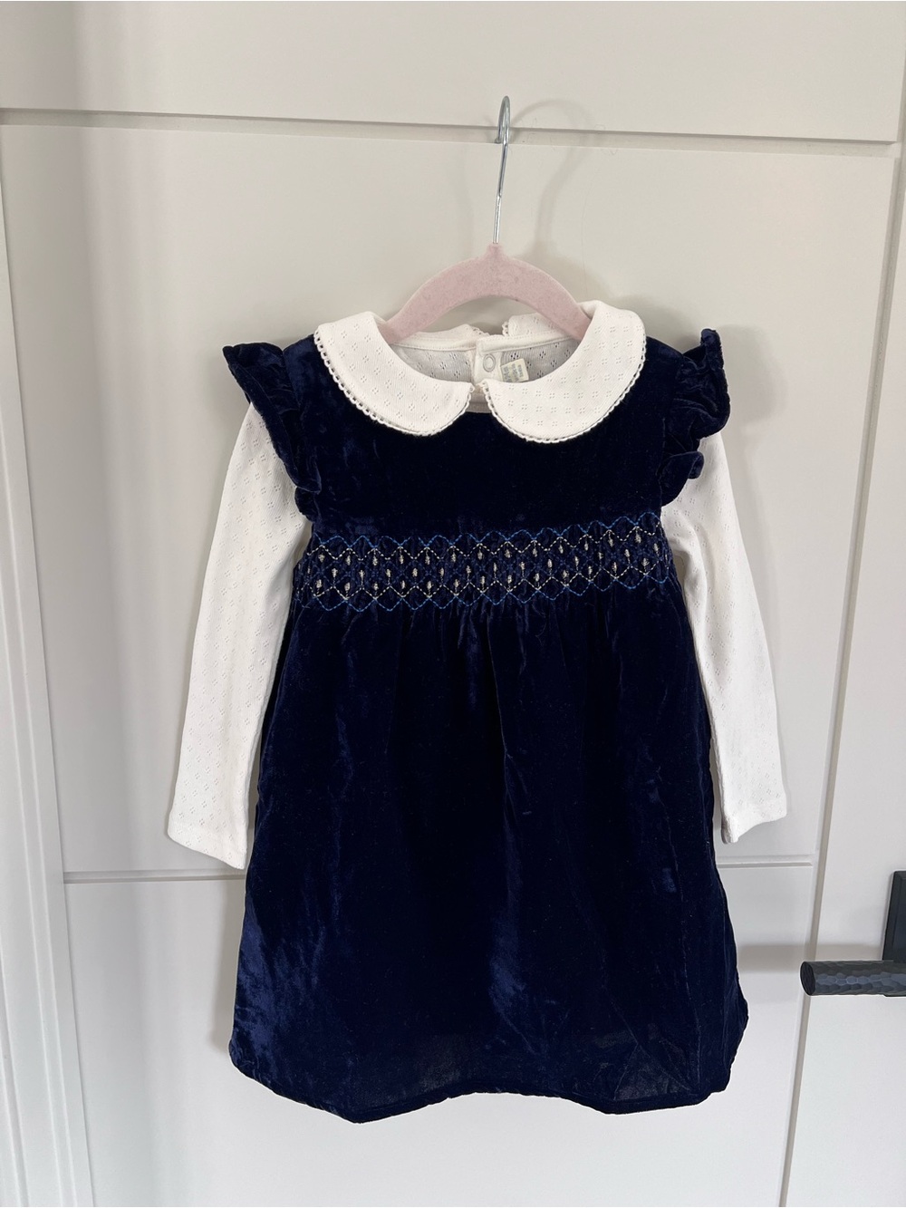 Jojo Maman Bèbè Navy Velvet Smocked Peter Pan Dress with White Collar